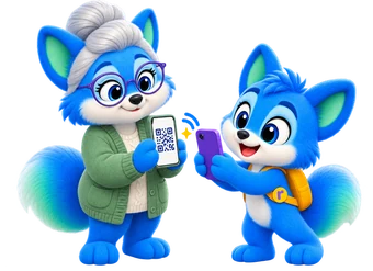A grandmother fox holding up her phone with a QR code on it, while a fox cub scans it with his