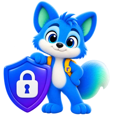 The Rilo mascot fox standing beside a shield with a padlock on it
