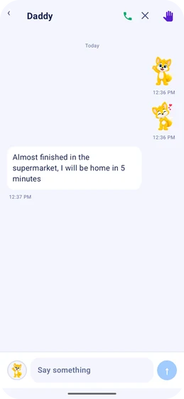 A phone showing a chat with Daddy: two yellow fox stickers sent by the child, and a message reading “Almost finished in the supermarket, I will be home in 5 minutes”