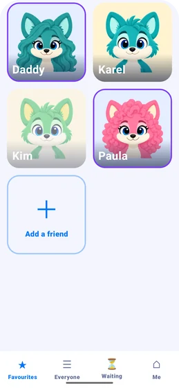 A phone showing four large photo tiles of foxes, each labelled with a name (Karel, Kim, Paula and Piet), and a fifth tile reading Add a friend